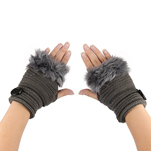 Zainafacai Warm Gloves,Women Girl Warm Winter Faux Rabbit Fur Wrist Fingerless Gloves Mittens (Deep Gray) - Thumbnail 3