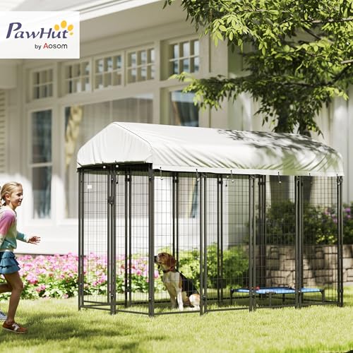 PawHut 8' x 4' x 6' Dog Run Outdoor, Large Outdoor Dog Kennel Welded Wire Steel Fence with UV-Resistant & Waterproof Cover, Secure Lock, Silver