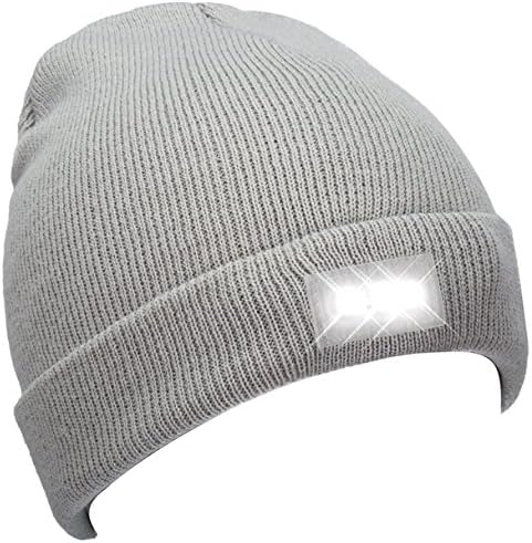 Minalo Ultra Bright 5 LED Beanie Cap/Hat Hands Free Unisex Lighted Stocking Cap 12000mcd of Perfect Hands Free Flashlight For Hunting Camping, Grilling, Jogging, Handyman Working (Grey)