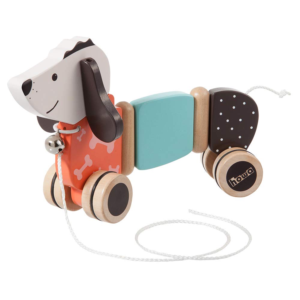 howa pull-along toy dog from 1 year - pull-along toy dog made of wood, pull-along dog with bell, floor-friendly rubber tyres, wooden toy pull-along dog, baby toy 6015