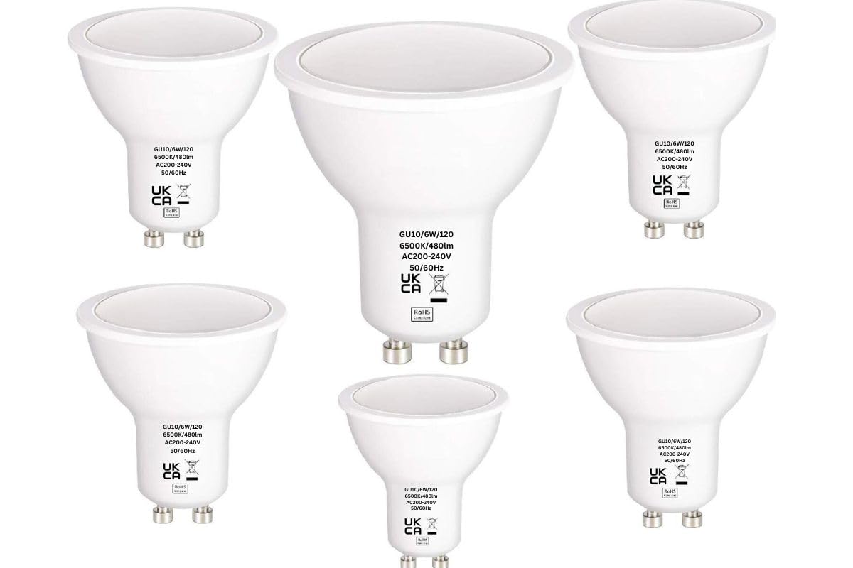 Tech Traders GU10 6W LED Bulb, 6000K Cool White，60W Halogen Bulb Equivalent, 480LM, LED Spot Bulb, 120 Degree Beam Angle, Non Dimmable, Perfect for Indoor Use, 6 Pack