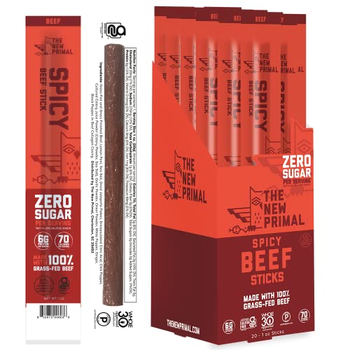 The New Primal Spicy Beef Stick (20 Count) 1 oz Meat Stick 100 GrassFed Beef Snack