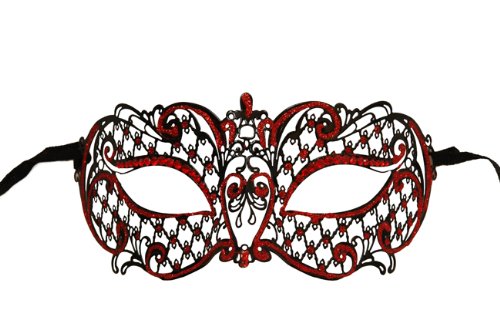 NEW Classic Venetian Intricate Design Laser Cut Masquerade Mask - Elegantly Detailed and Decorated with Red Gems