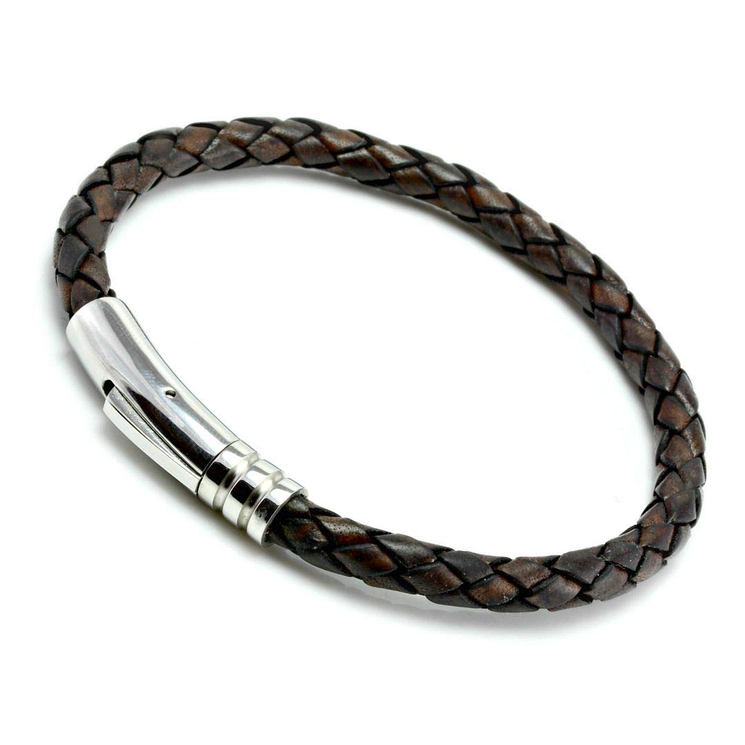 CMJ London Mens Leather Bracelet with Stainless Steel Trigger Clasp Antique Dark Brown Braided Leather M-8"