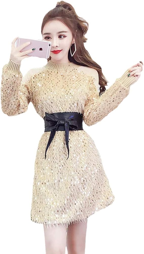 Amazon エージョン ワンピース 長袖 ラウンドネック き エレガント 細身 ドレス トレンド春と秋の新しい婦人服 スパンコールタッセル シックなデザインのドレス パーティー ビジネス 通勤 ゴールド ワンサイズ スカート 通販