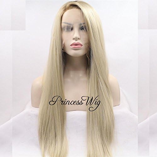 Princesswig Fashion Ombre Blonde Glueless Lace Front Wigs 2 Tone Color Light Brown Roots #12 Side Part Long Natural Straight Heat Resistant Synthetic Hair Replacement Wig For Women Half Hand Tied