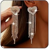 Rhinestone Heart Dangle Earrings for Women Sparkly Silver Heart Earrings Bling Long Tassel Drop Elegant Love Hearts Valentines Earring Big Large Chunky Statement Earring Holiday Christmas Gift Stocking Stuffers
