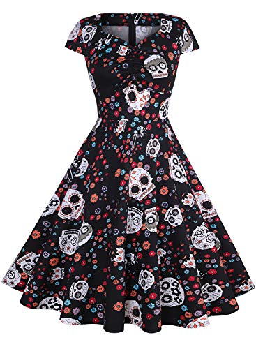oten Women's Polka Dot Sugar Skull Vintage Swing Retro Rockabilly Cocktail Party Dress Cap Sleeve Black