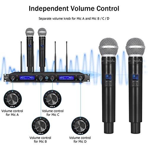 MicrocKing Wireless Microphone System, with 4 Handheld Mics, Metal Build, Fixed Frequency, Long Range 400FT, Ideal for Party Wedding Church Conference Speech