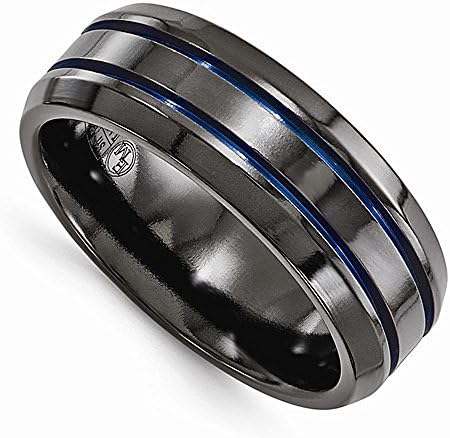 Edward Mirell Black Titanium with Blue Anodized Groove &amp; Beveled Edge 8mm Wedding Band - Size 9