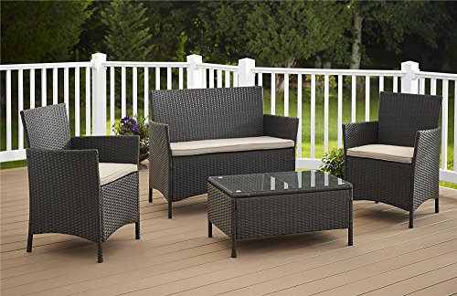 Cosco Products 4 Piece Jamaica Resin Wicker Conversation Set - Dark Brown with Tan Cushions