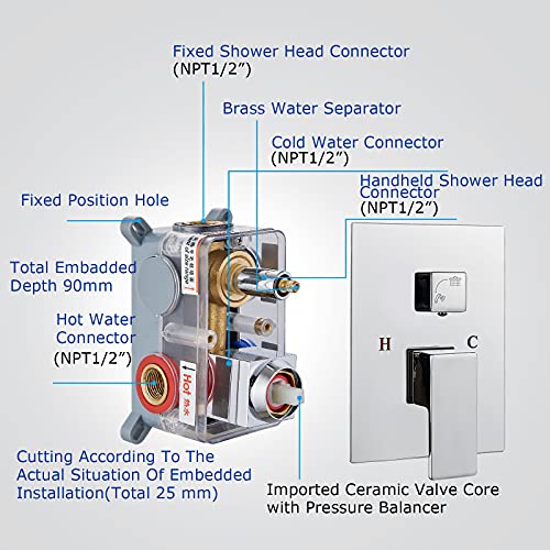 Aolemi Shower System Ceiling Mount Polish Chrome 12 Inch Rain Shower