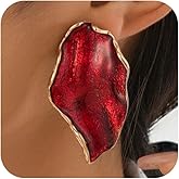 Statement Red Irregular Enamel Leaf Flower Petal Earrings for Women, Unique Boho Green Oil-Drip Leaves Stud Earring Trendy Party Vacation Jewelry Gift