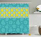 Ambesonne Rubber Duck Shower Curtain Set, Cute Yellow Cartoon Duckies Swimming in Water Pattern with Fun Bubbles Aqua Colors, Fabric Bathroom Decor with Hooks, 70 Inches, Teal Yellow