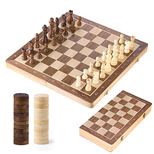 Peradix 2 in 1 Wooden Chess Board, Magnetic Chess Board, Checkers and Chess Board Folding Wood 38 x 38 cm with Travel Magnets for Adults and Children, Professional