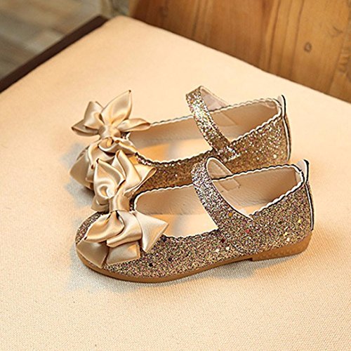 Minisoya Children Toddler Baby Girls Fashion Bling Glitter Princess Sandals Bowknot Dance Nubuck Leather Single Shoes (Gold, Age:4.5-5T)