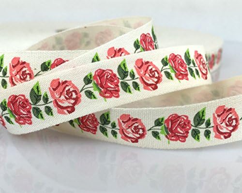 Ribbons 5/8" (15 mm) Cotton Ribbon Natural Printed Rose Flower Ribbons Sewing For Applique Trim 10 or 20 yards (20 Yards)