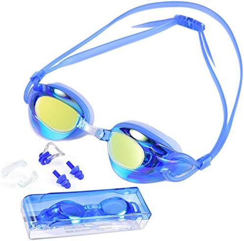 Swimming Goggles, DUZCLI Mirrored Professional Swim Glasses Anti Fog ,UV Protection ,No Leaking with Free Case ,Nose Clip and Ear Plugs for Men Women Boys Girls Kids(BLue)