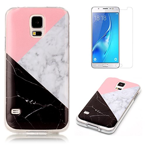 for Samsung Galaxy S5/S5 Neo Marble Case with Screen Protector,OYIME Creative Glossy Pink & Black Marble Pattern Design Protective Bumper Soft Silicone Slim Thin Rubber Luxury Shockproof Cover