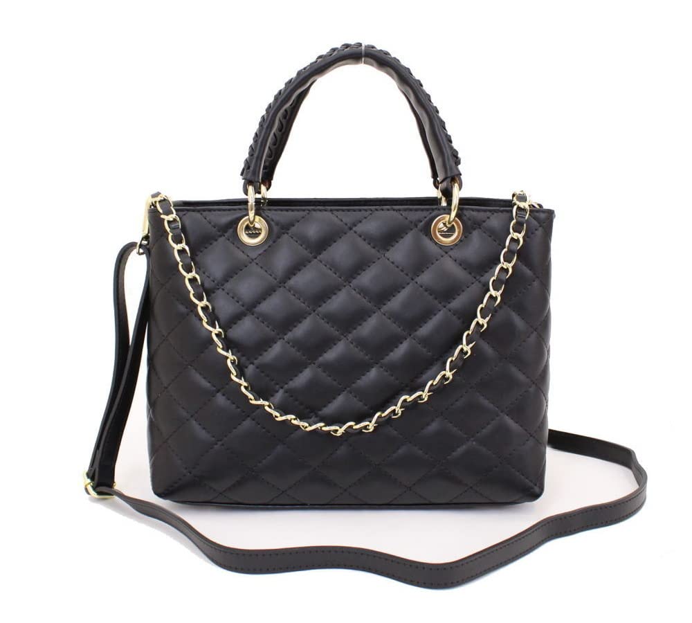 Made in Italy Genuine Leather Quilted 3-Way Shoulder Bag, Chain Handle & Strap