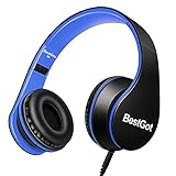 BestGot Kids Headphones for Kids Boys Adult with Microphone in-line Volume Included Cloth Bag Foldable Headset with 3.5mm Plug Removable Cord (Wired Black/Blue)