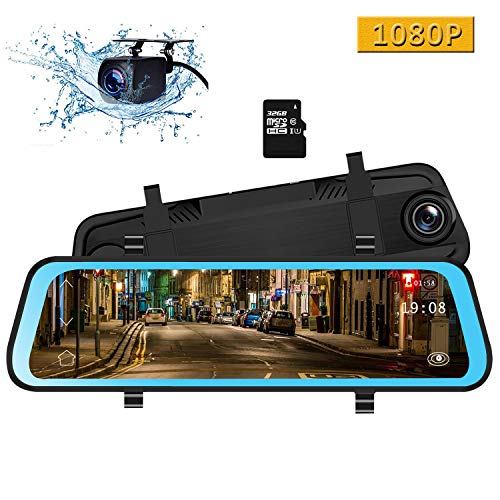 CAMONS 10 Inch Mirror Dash Cam, Dual Lens IPS Touch Screen Rear View Mirror Camera 1080P Front and 720P Rear G-Sensor, Night Vision (32GB SD Card Included)