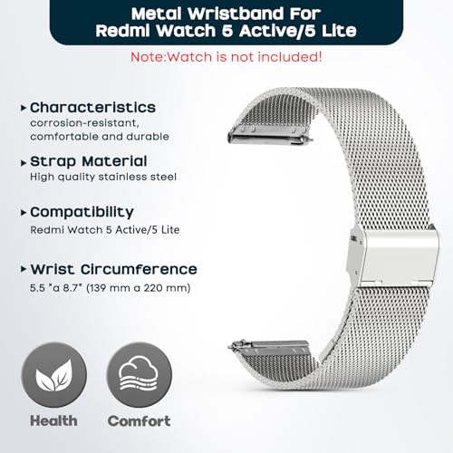 CHULN Metal Strap Compatible with Redmi Watch 5 Active/Redmi Watch 5 Lite, Adjustable Stainless Steel Bracelet for Smartwatch, Silver, 110 mm