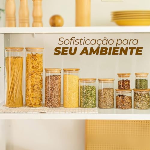 Kit com 11 Potes para Mantimentos Herméticos de Vidro com Tampa de Bambu, Vedação em Silicone, Organizador e Armazenamento para Cozinha e Despensa, Porta manetimentos.