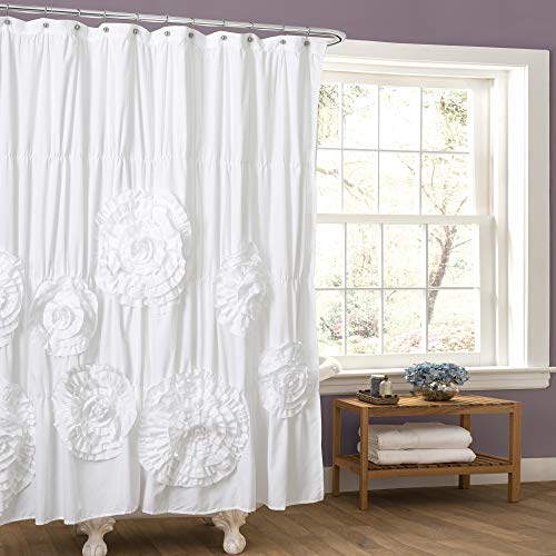 Lush Decor Serena Ruffle Shower Curtain, 72 W x 72 L, White - Beautiful Ruched Flower Design - Luxury Shower Curtain - Vintage Glam, Cottage & Farmhouse Bathroom Decor