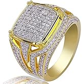 Gixaxak 18K Gold Zircon Micropave Link Chain Ring Cluster Square Full Diamond Ring Simulated Diamond Band Men's Bling Ring Hip Hop Ring