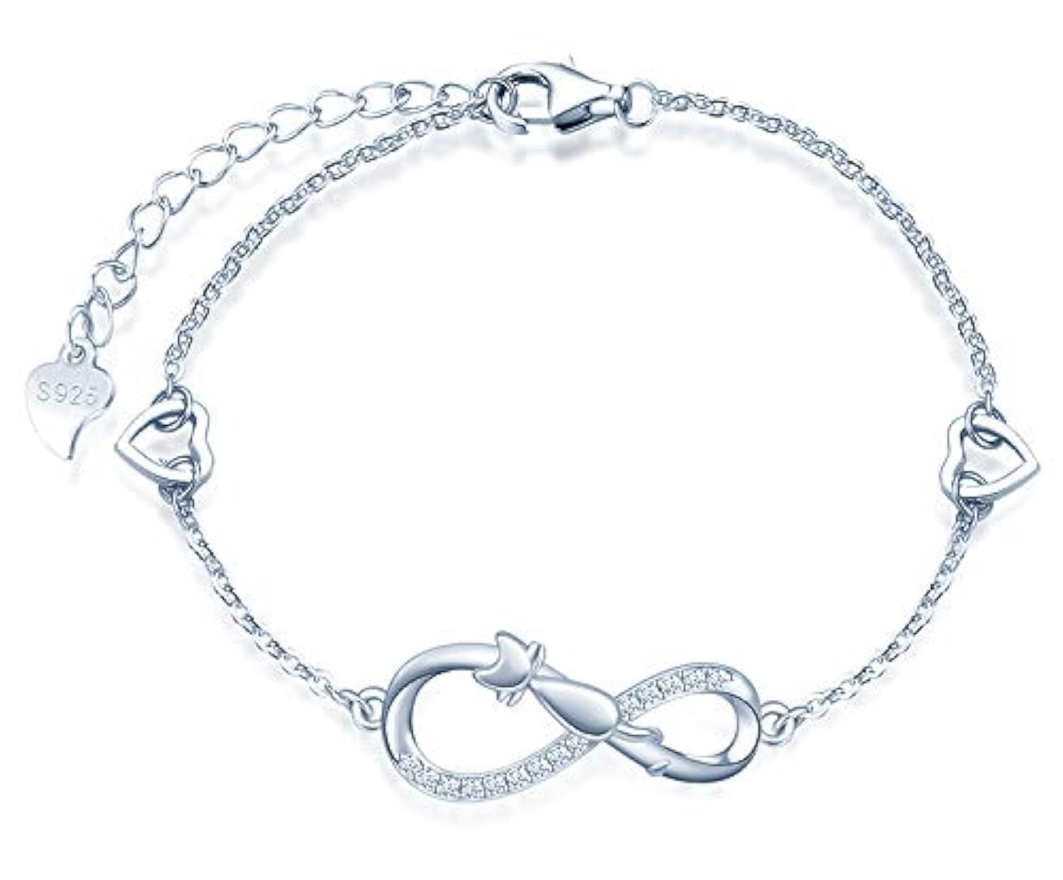 MicLee Woman's girl's Bracelet, 925 Sterling Silver bracelet, Cute cat and infinity symbol bracelet, with mini hollow heart, Inlaid zircon, adjustable chain, design of animal bracelet