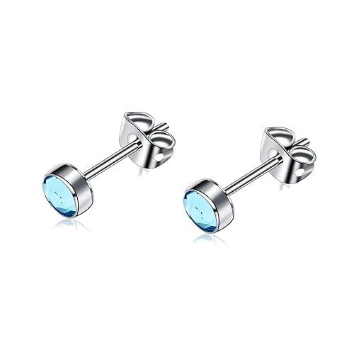 Artskin G23 Titanium Crystal Stud Earrings for Women Men Girls Hypoallergenic Nickel Free 3mm Dainty Elegant Classic Stud Earrings for Sensitive Ears (3MM, Aquamarine-)