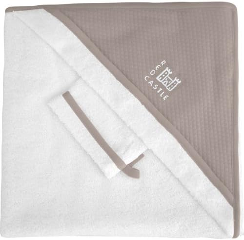 Red Castle Hooded Towel and Mitt with Trim (0-24 Months, White/Taupe)