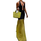 Molisry Women's Patchwork Halter Dress Sexy Sleeveless Hollowed Cut Out Mesh Flowy Slit Maxi Sun Dress Party Club