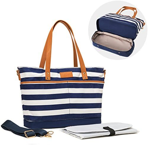 Expandable Designer Baby Diaper Tote Bag By Moskka - 13 Pockets Large Nappy Bag To Separate Dirty From Clean w/Antimicrobial lining &amp; Changing Pad-Best Baby Shower Gift for Mom&amp;Dad-Blue and White