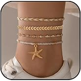 WETMT Puka Shell Starfish Anklets for Women Waterproof Layered Beachy Anklet Set Gold Charm Anklet Adjustable Handmade Beaded Foot Link Chain Boho Jewelry Set
