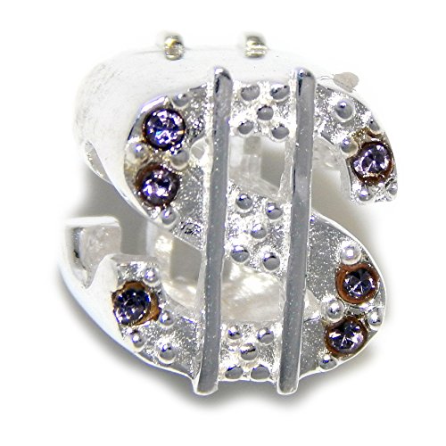 Pro Jewelry 925 Solid Sterling Silver Dollar Sign with Purple Crystals Charm Bead