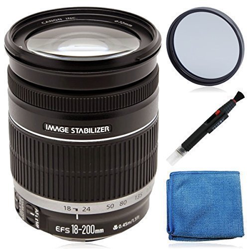 Canon EF-S 18-200mm f/3.5-5.6 IS Standard Zoom Lens (white box) for EOS 7D, 70D, Rebel T3, T3i, T5, T5i, SL1 DSLR Cameras + 72mm UV filter, lens pen cleaning system & Microfiber cloth