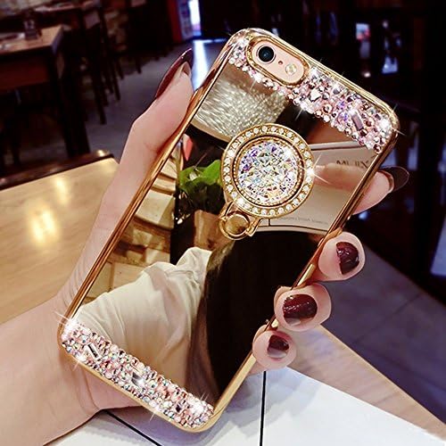 iPhone SE 5S Case, Fashion Girl Lady Crystal Rhinestone Soft Rubber Bumper Bling Diamond Glitter Mirror Makeup Case with Ring Stand Holder for iPhone 5 5S SE -Gold