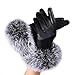Datework Women Lady Black Leather Gloves Autumn Winter Warm Rabbit Fur Mittens