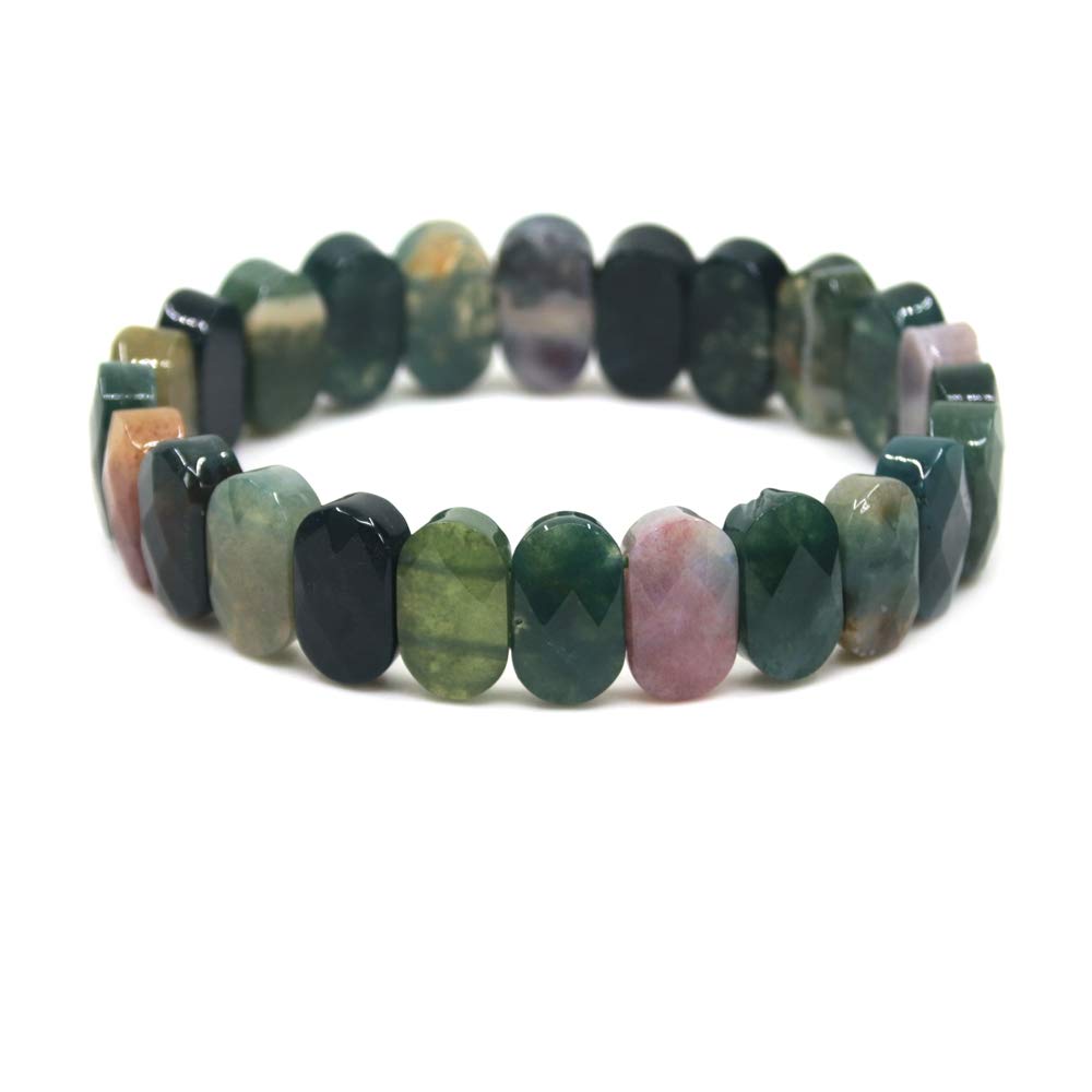 CHENYUE Natural India Agate Gemstone 14mm Faceted Oval Beads Stretch Bracelet 7.5 Inch Unisex