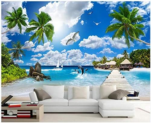 カスタム写真壁画3d壁紙イルカビーチ木製橋ココナッツツリー風景3d壁壁画壁紙