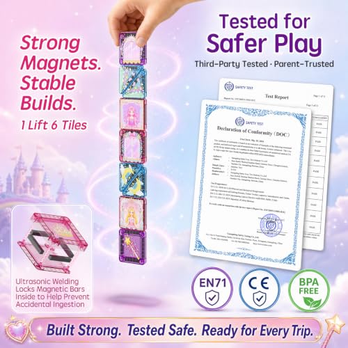 Kit de voyage de blocs magnétiques pour filles : 60 min de jeu tranquille, 42 tuiles magnétiques Licorne & princesses, boîte métallique portable pour la voiture et l'avion, cadeau pour les 3 à 6 ans