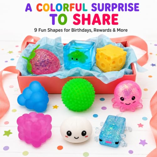 9 Pack Squishy Squeeze Toys, Random Color Soft Fidget Toys for Stress Relief, Cute Animal Fruit Food Shapes, Mini Desk Sensory Fidget Set for Adults and Teens