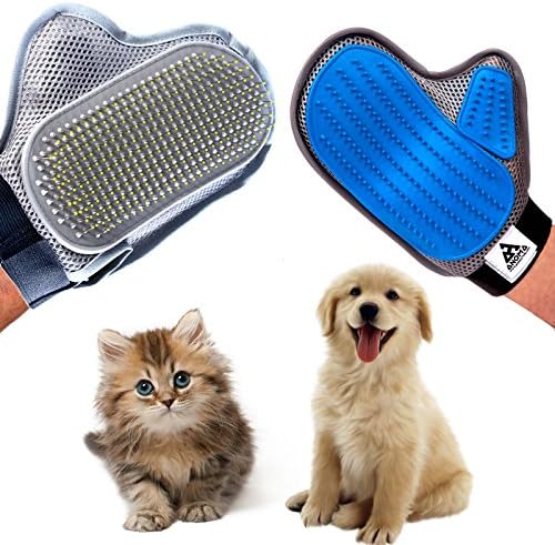 Best Pet Grooming Glove Brush by ANOMA + EBOOK  - 3in1 - Gentle Deshedding Tool &amp; Massage &amp; COMBING - Effective Grooming mitt for Dog, Cat, Bunny and Horse with Long or Short hair