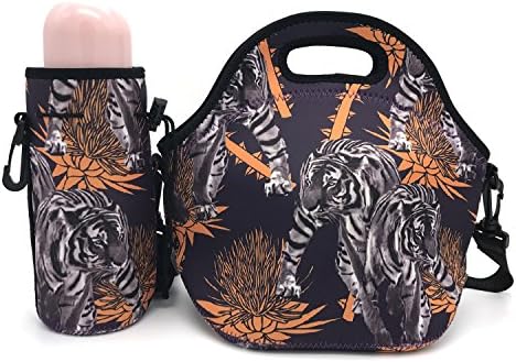 Wanty New Fashion Neoprene Insulated Waterproof Lunch Tote Bag Lunch Box Travel School Lunch Bags Grocery Bags Picnic Bags with Zipper and Handle Strap and Water Bottle Holder (Tiger)