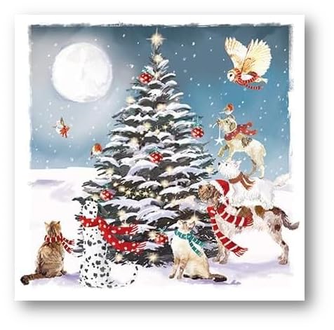 GBCC Ling Design Pack of 20 Artistic Charity Christmas Cards - 'Pets By The Tree' - Dogs & Cats Wearing Scarves - From The Great British Card Company, Multicoloured, 124 x 124mm