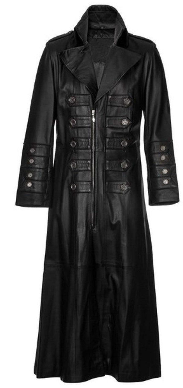 Gothic Steampunk Military Style PU Leather Full Length Trench Coat Steampunk 