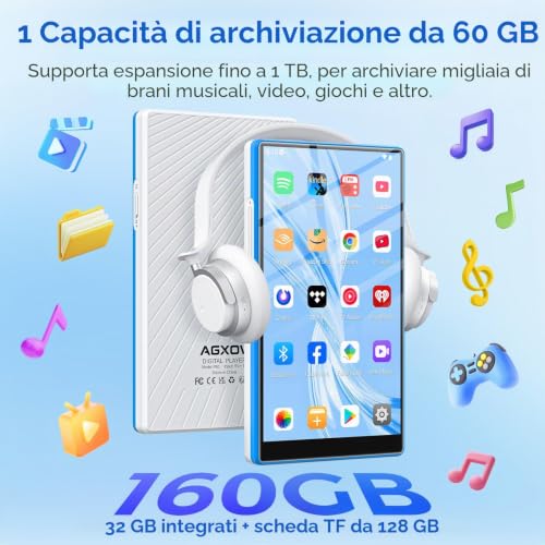 96GB MP3 Player with Wi-Fi & Bluetooth, 5 Inch Touchscreen MP4 Player | Android 13 Music Player with Spotify, Amazon Music, Deezer, FM Radio, Voice Recorder, E-book Reader, Blue & White