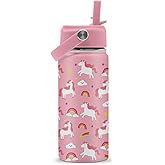 ROVOZAR Unicorn Water Bottle for Girls - 16oz Rainbow Stainless Steel Water Bottle with Straw - Cute Rainbow Insulated Cup - Pink Unicorn Kids Tumbler for School, Sports, Travel